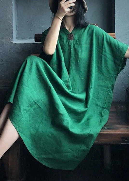 Plus Size Green V Neck Embroideried Pockets Linen Maxi Dresses Short Sleeve - Image 2
