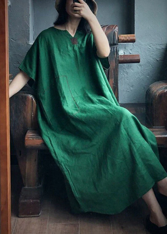 Plus Size Green V Neck Embroideried Pockets Linen Maxi Dresses Short Sleeve - Image 3