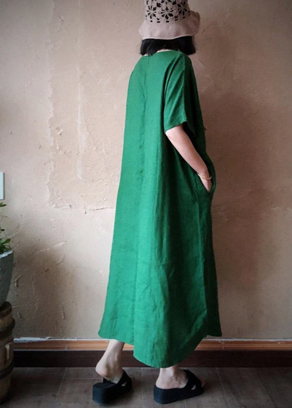 Plus Size Green V Neck Embroideried Pockets Linen Maxi Dresses Short Sleeve - Image 4