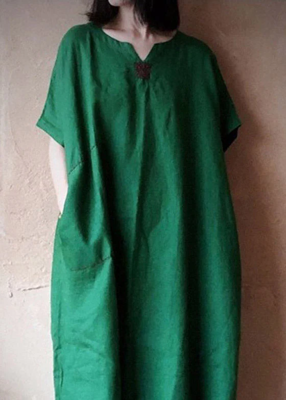 Plus Size Green V Neck Embroideried Pockets Linen Maxi Dresses Short Sleeve - Image 5
