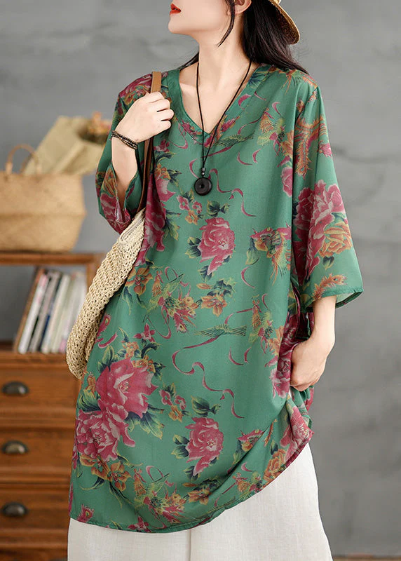 Plus Size Green V Neck Print Cotton Mid Dress Summer - Image 2