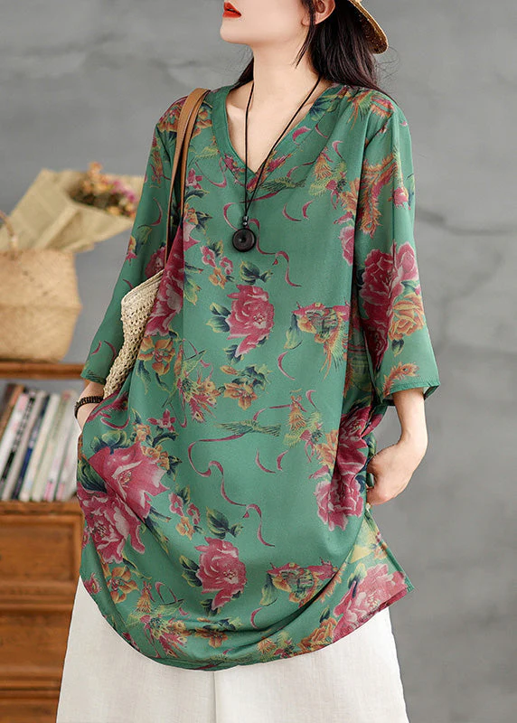 Plus Size Green V Neck Print Cotton Mid Dress Summer - Image 3