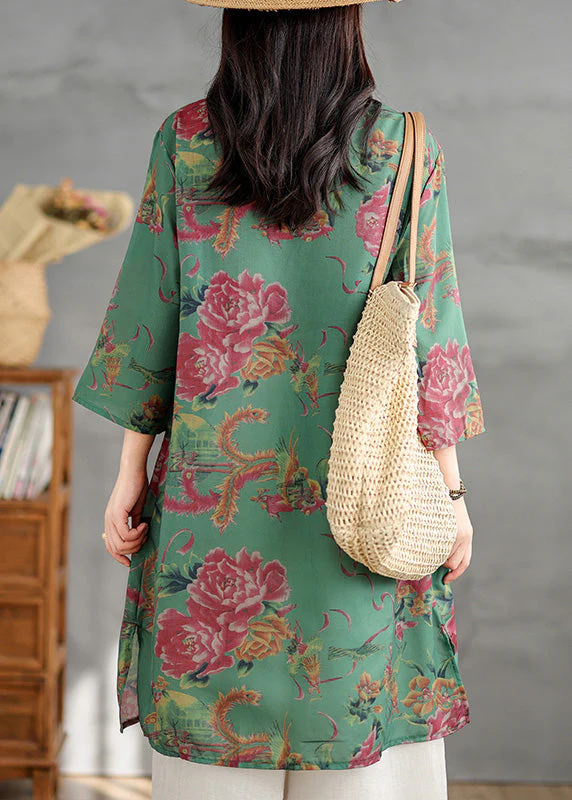 Plus Size Green V Neck Print Cotton Mid Dress Summer - Image 4