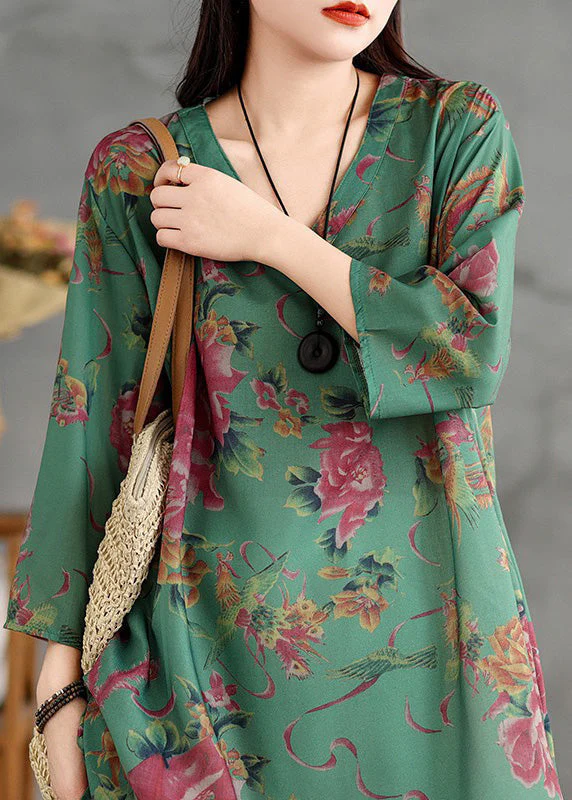 Plus Size Green V Neck Print Cotton Mid Dress Summer - Image 5