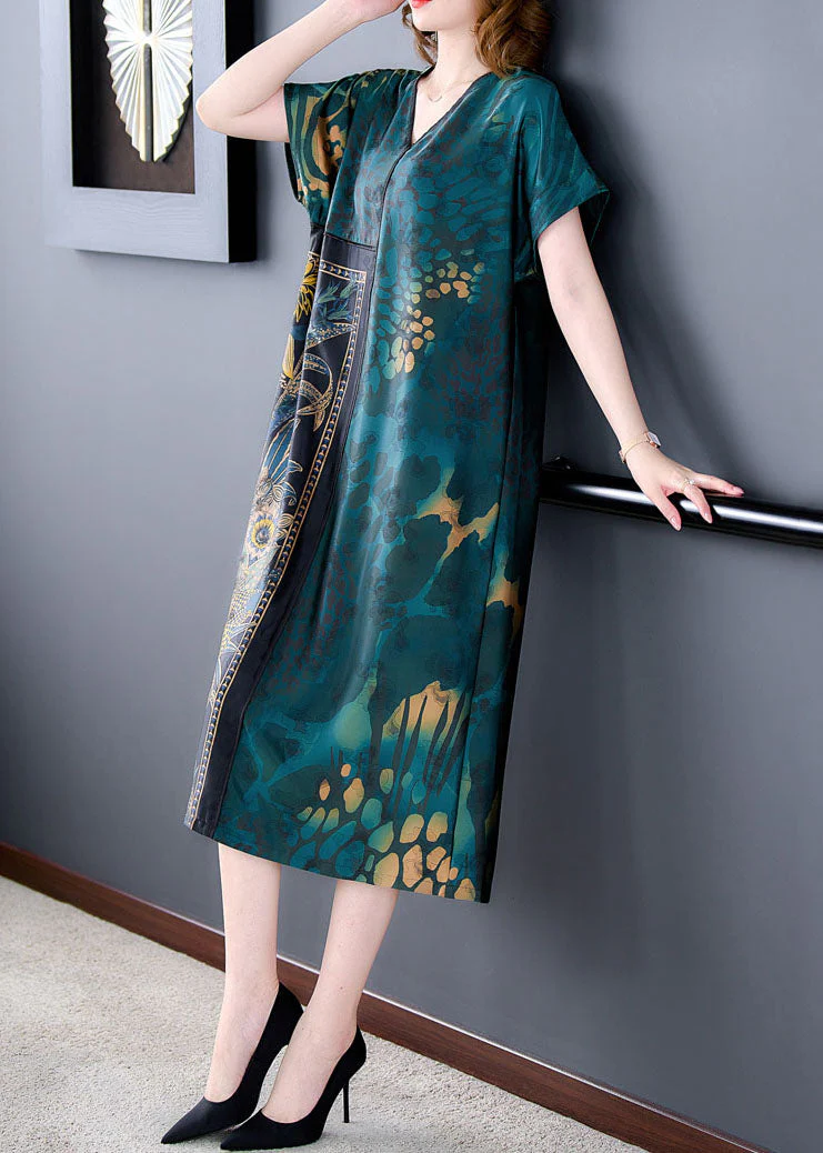Plus Size Green V Neck Print Patchwork Silk Dress Summer - Image 4