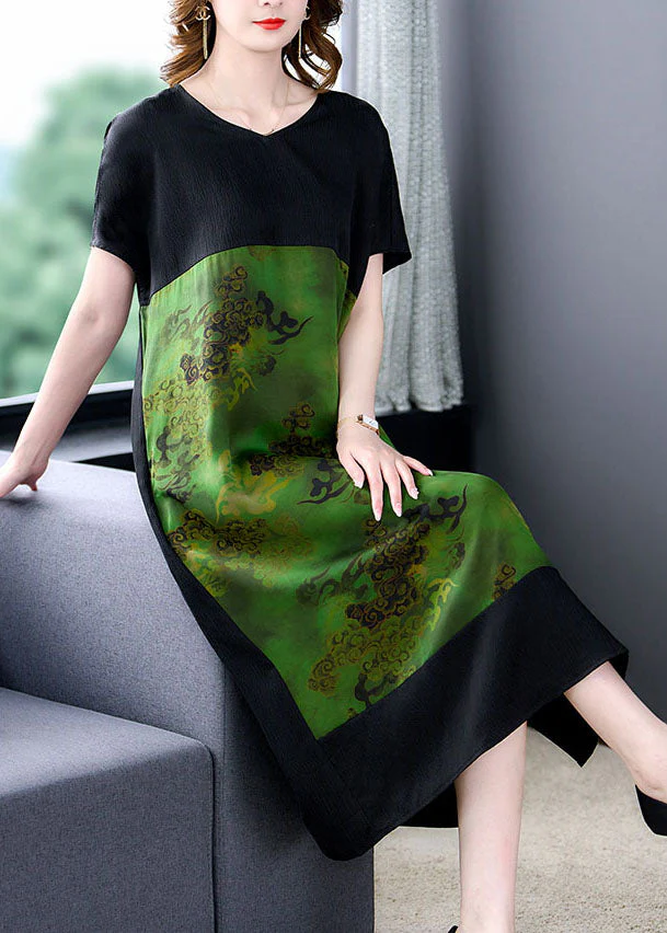 Plus Size Green V Neck Print Pockets Patchwork Silk Dress Summer - Image 2