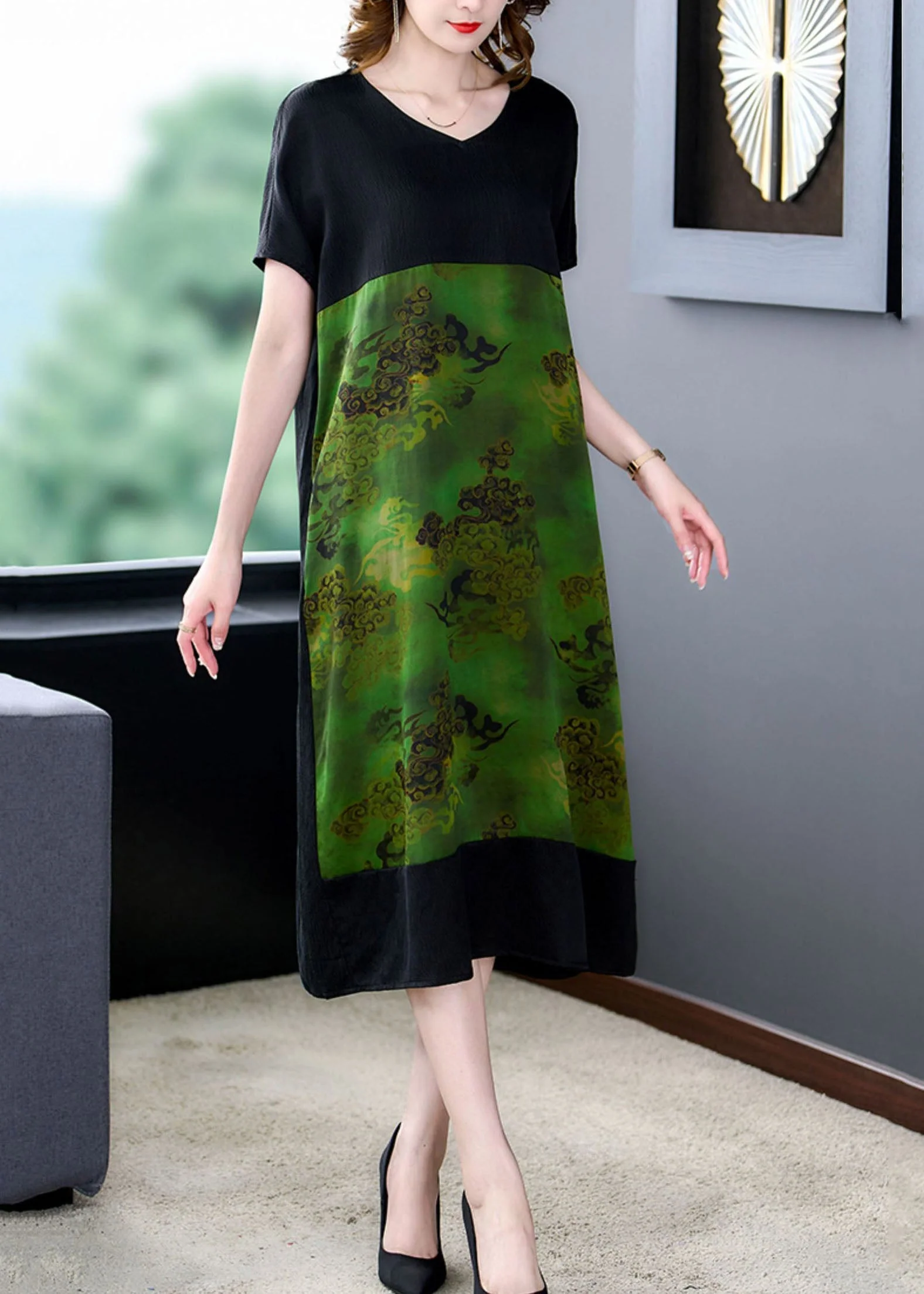 Plus Size Green V Neck Print Pockets Patchwork Silk Dress Summer - Image 4