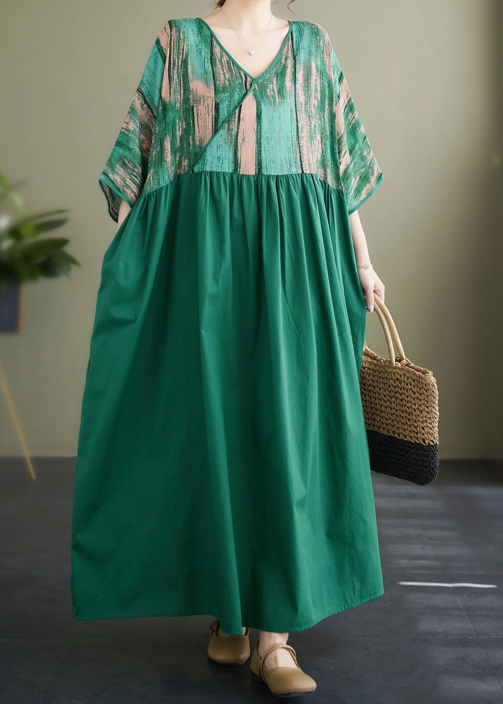 Plus Size Green V Neck Print Wrinkled Patchwork Cotton Long Dress Summer - Image 2
