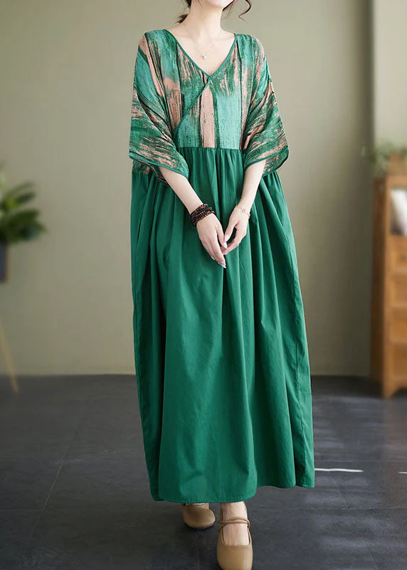 Plus Size Green V Neck Print Wrinkled Patchwork Cotton Long Dress Summer - Image 3