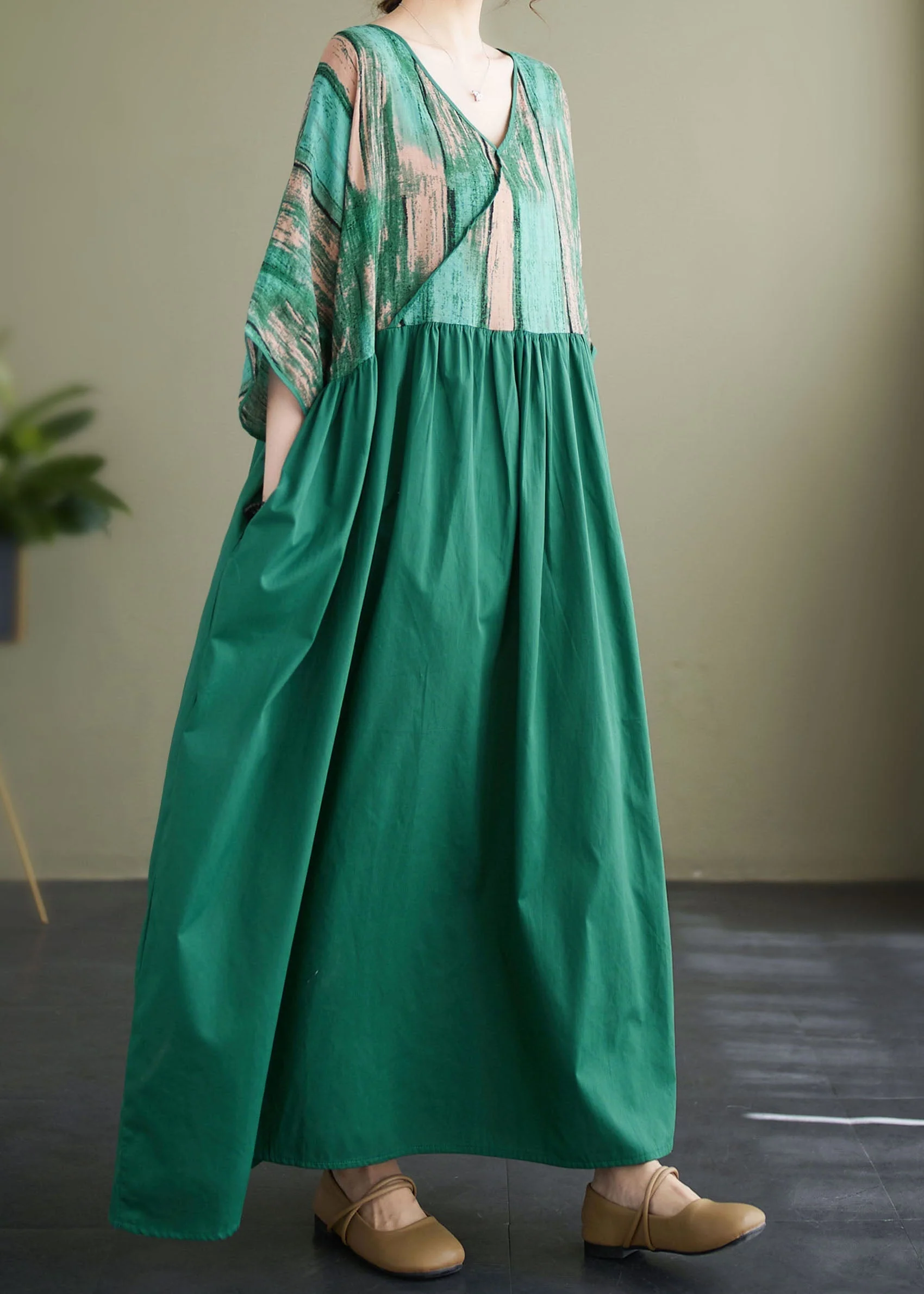 Plus Size Green V Neck Print Wrinkled Patchwork Cotton Long Dress Summer - Image 4