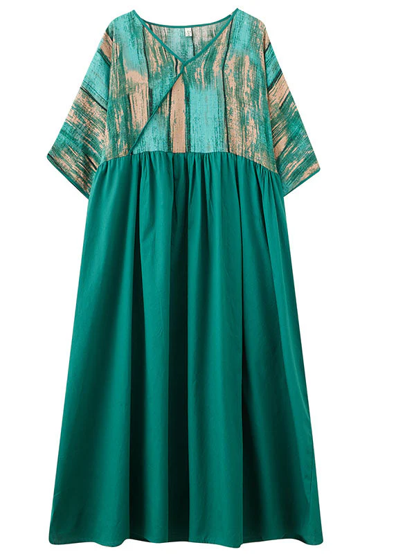 Plus Size Green V Neck Print Wrinkled Patchwork Cotton Long Dress Summer - Image 5
