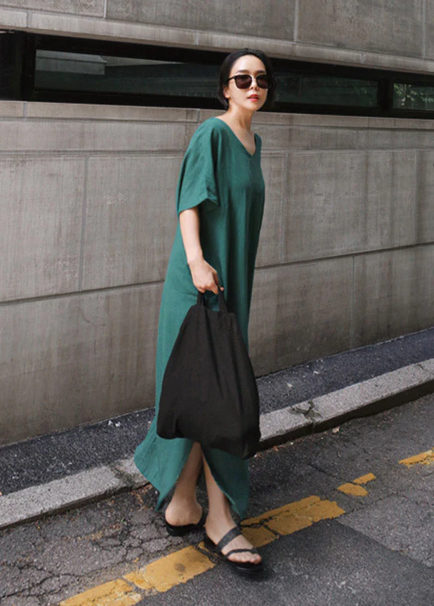 Plus Size Green V Neck Side Open Long Dress Short Sleeve - Image 2