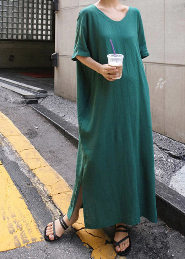 Plus Size Green V Neck Side Open Long Dress Short Sleeve - Image 3