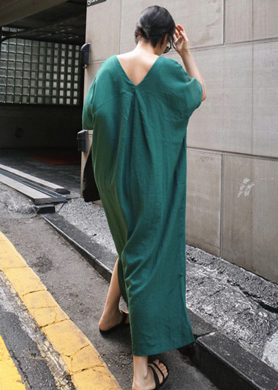 Plus Size Green V Neck Side Open Long Dress Short Sleeve - Image 4