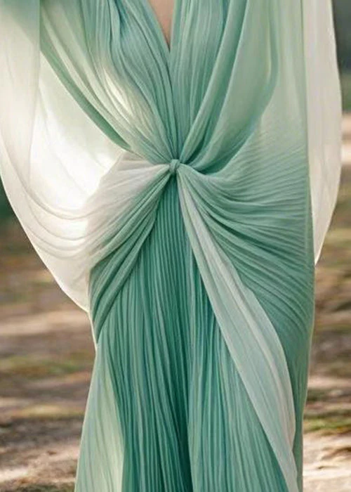 Plus Size Green V Neck Wrinkled Chiffon Two piece dress - Image 4