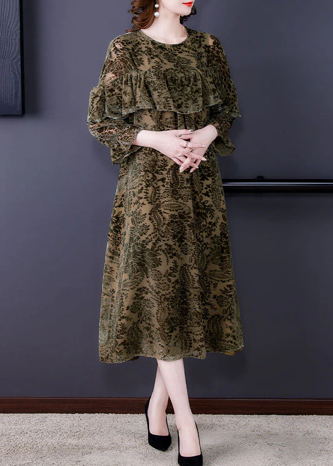 Plus Size Green Velour Casual Dress Ruffled Spring - Image 4