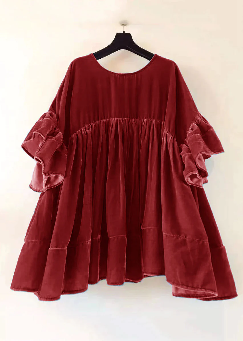 Plus Size Green Wrinkled Patchwork Velour Short Dress Butterfly Sleeve - Image 2