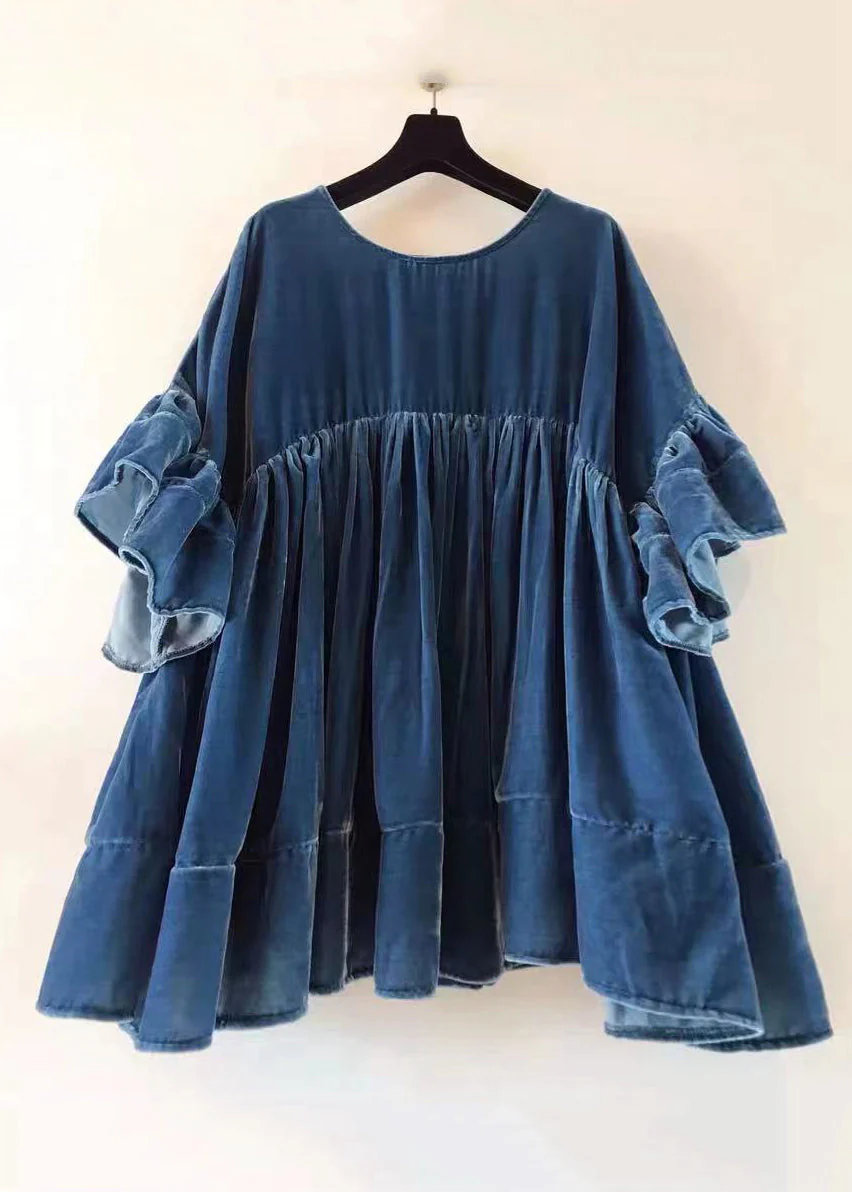 Plus Size Green Wrinkled Patchwork Velour Short Dress Butterfly Sleeve - Image 3