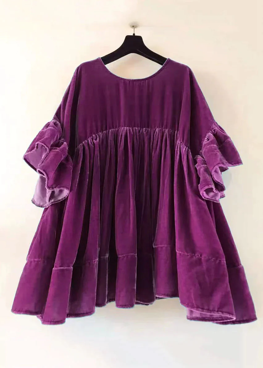 Plus Size Green Wrinkled Patchwork Velour Short Dress Butterfly Sleeve - Image 8