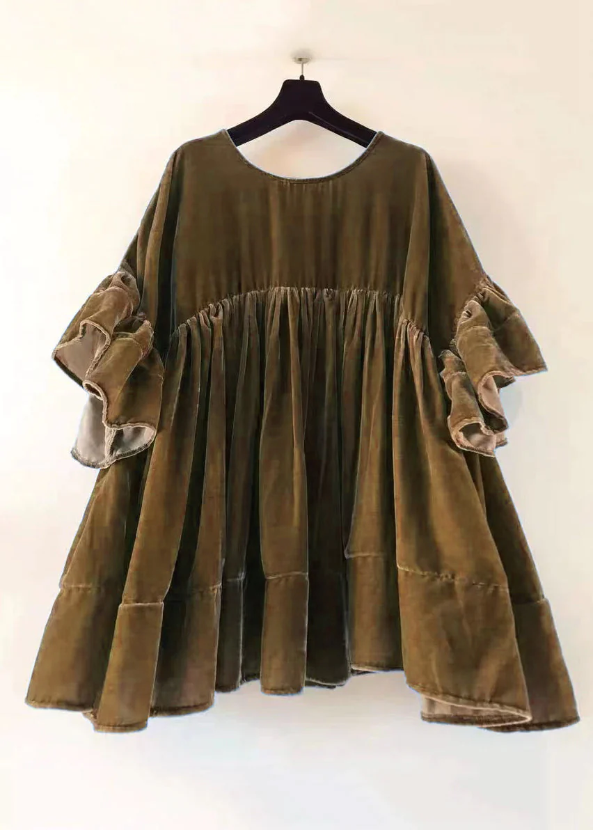 Plus Size Green Wrinkled Patchwork Velour Short Dress Butterfly Sleeve - Image 9