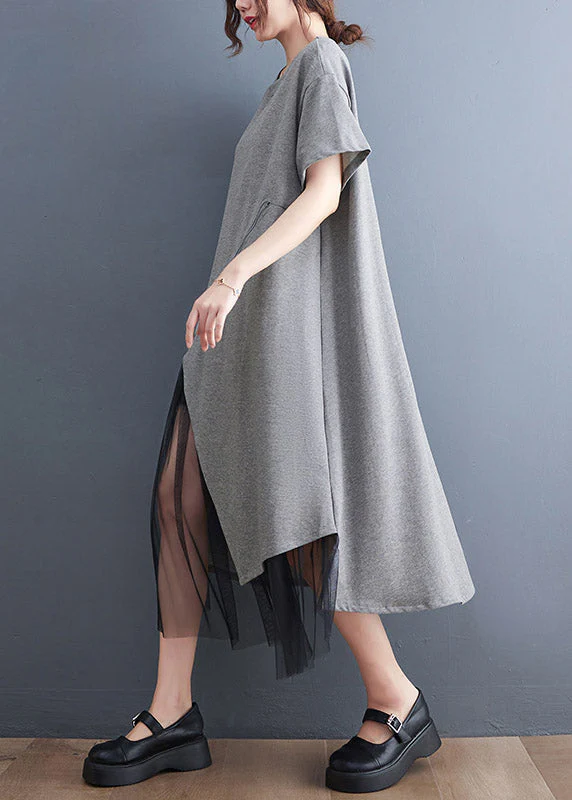 Plus Size Grey Asymmetrical Tulle Patchwork Solid Maxi Dress Summer - Image 3