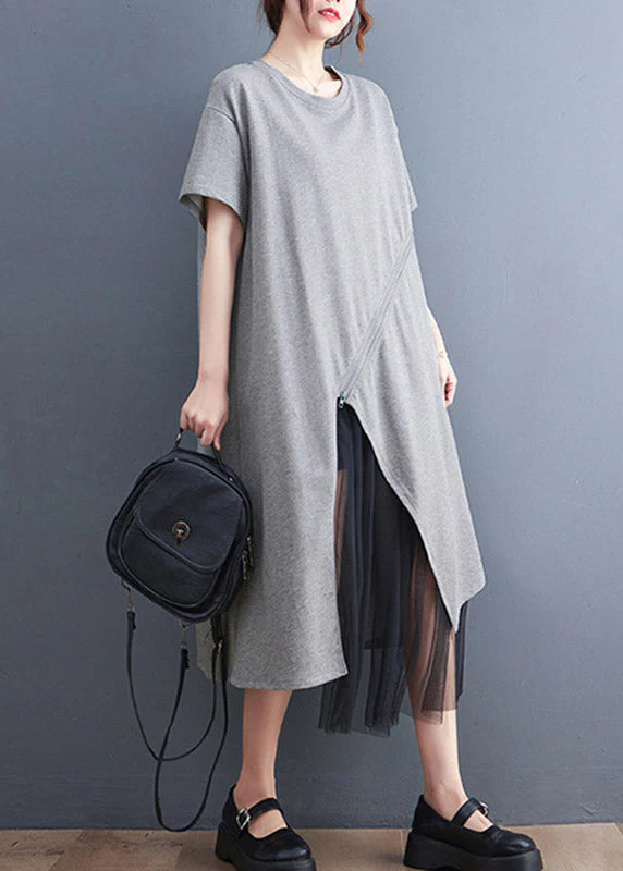 Plus Size Grey Asymmetrical Tulle Patchwork Solid Maxi Dress Summer - Image 4