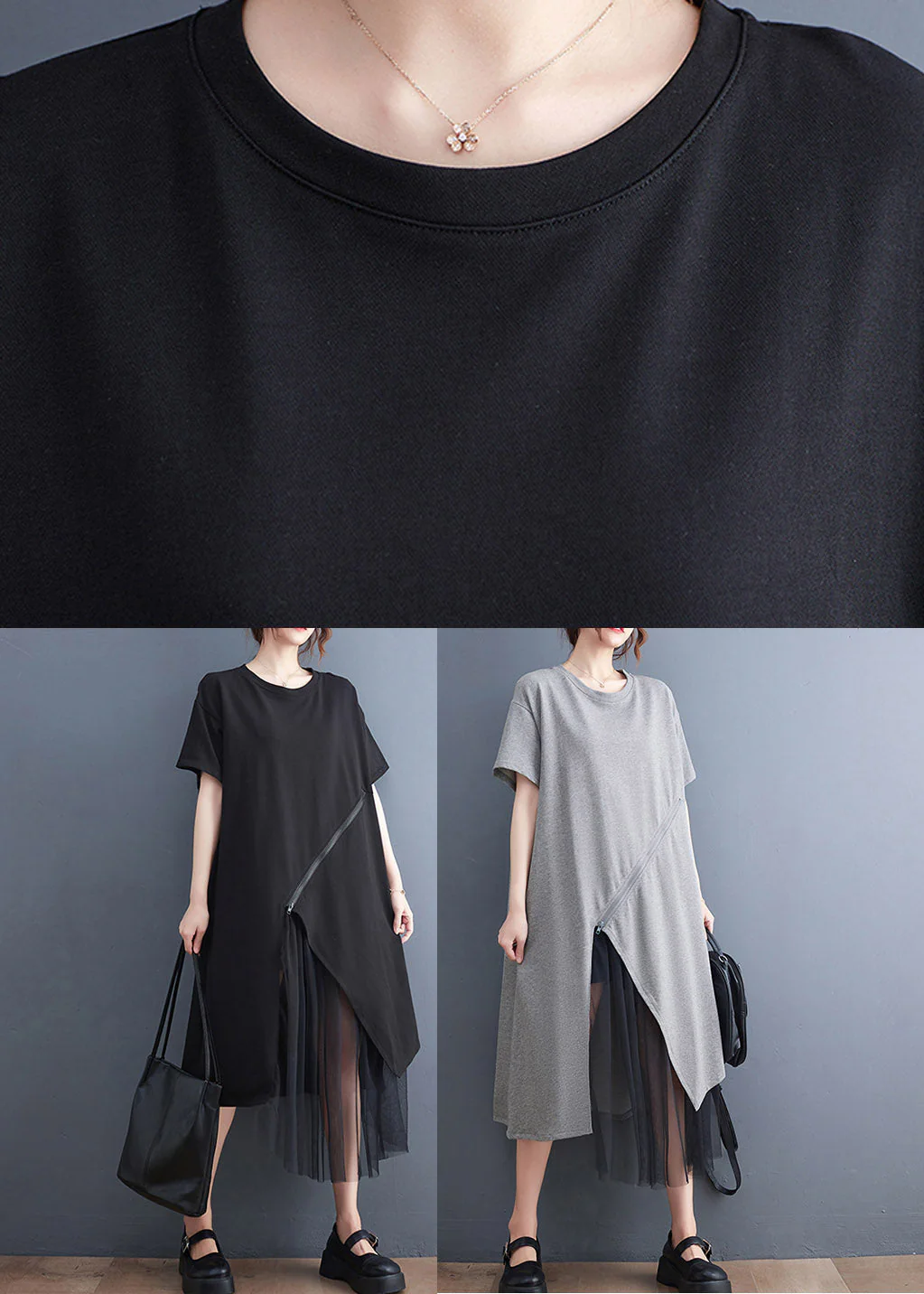 Plus Size Grey Asymmetrical Tulle Patchwork Solid Maxi Dress Summer - Image 5