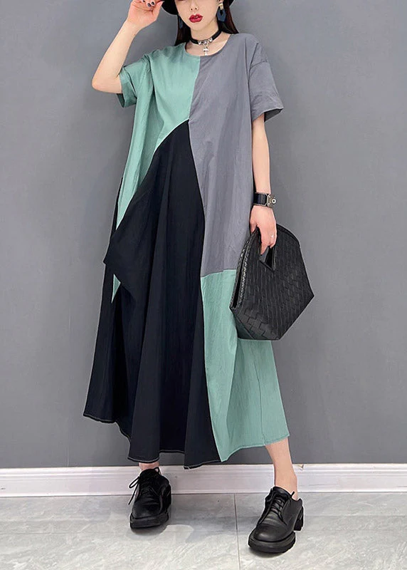 Plus Size Grey Blue Patchwork O-Neck Long Dresses Short Sleeve - Image 2
