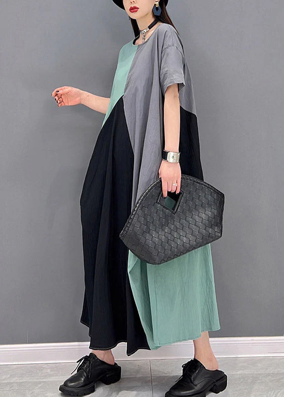 Plus Size Grey Blue Patchwork O-Neck Long Dresses Short Sleeve - Image 3