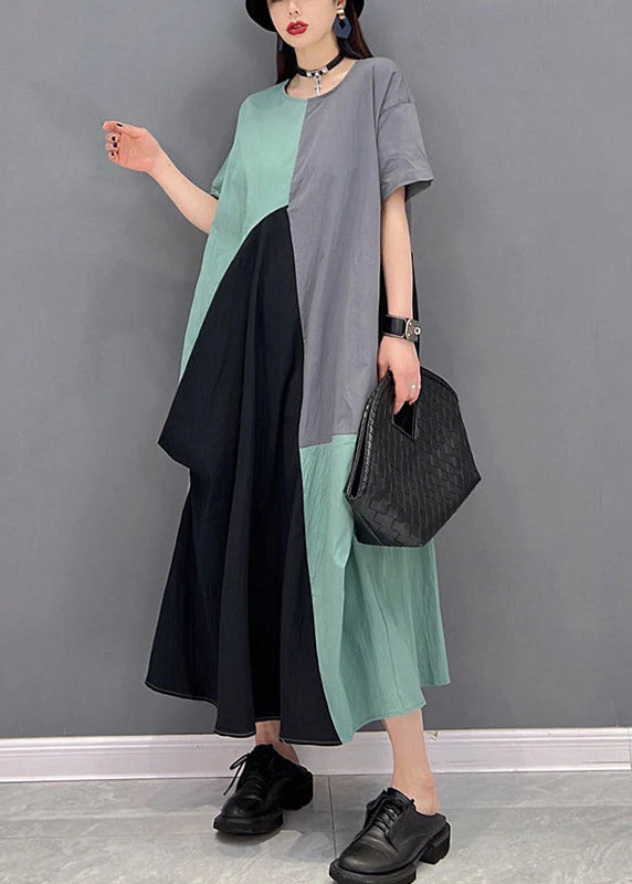 Plus Size Grey Blue Patchwork O-Neck Long Dresses Short Sleeve - Image 4