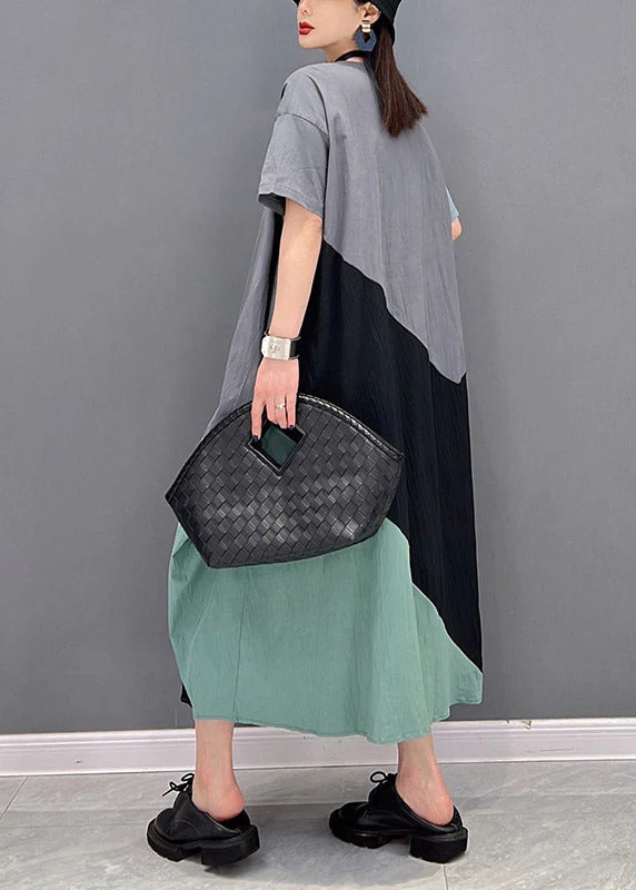 Plus Size Grey Blue Patchwork O-Neck Long Dresses Short Sleeve - Image 5
