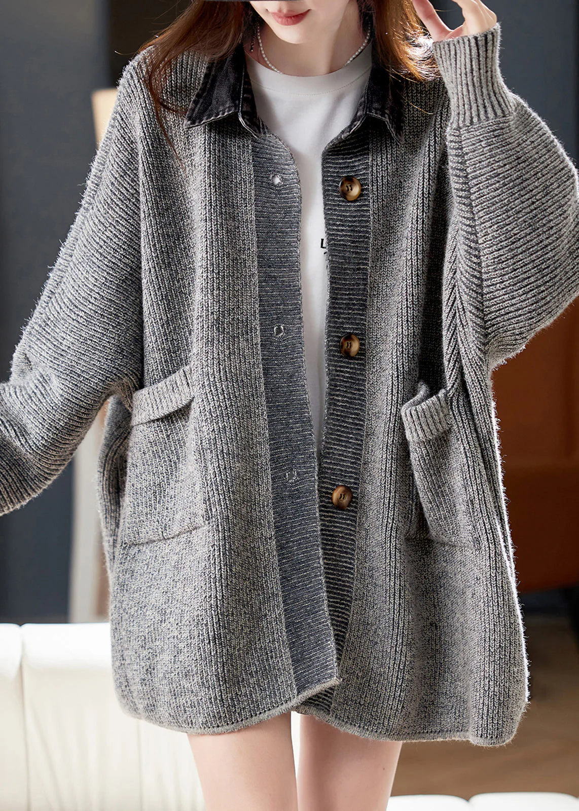Plus Size Grey Denim Patchwork Pockets Cotton Knit Cardigans Lantern Sleeve - Image 2