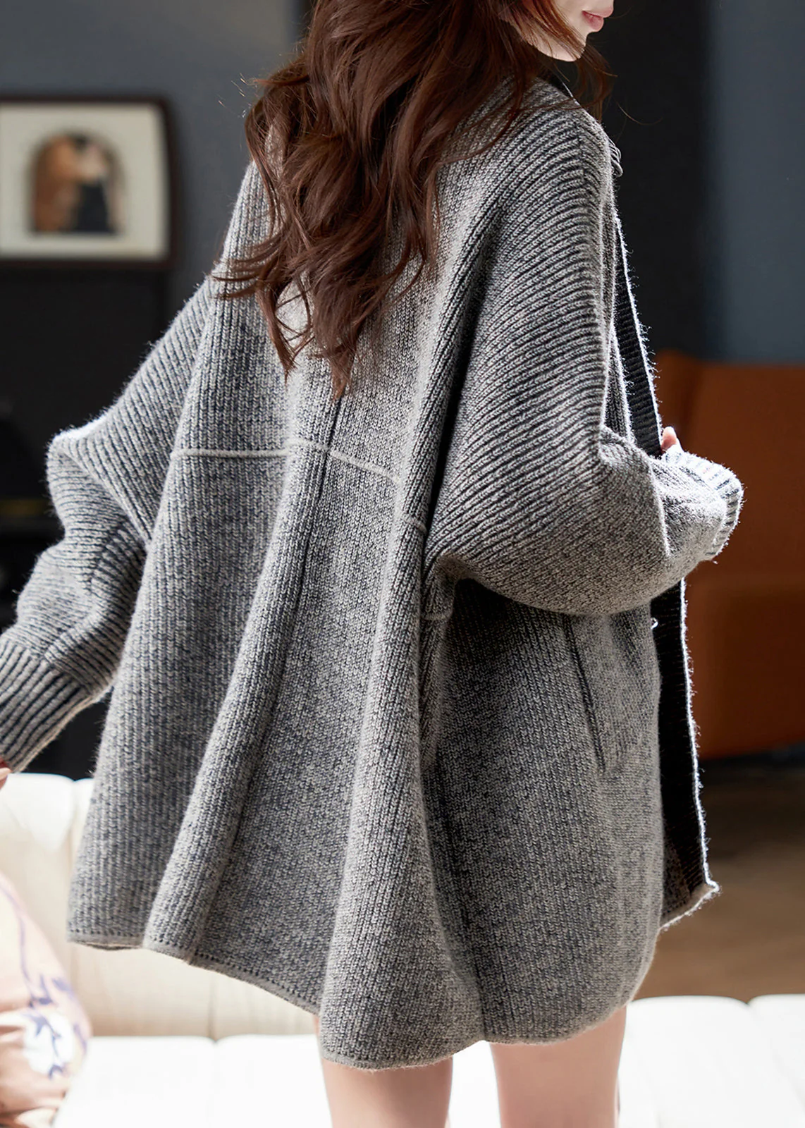 Plus Size Grey Denim Patchwork Pockets Cotton Knit Cardigans Lantern Sleeve - Image 5
