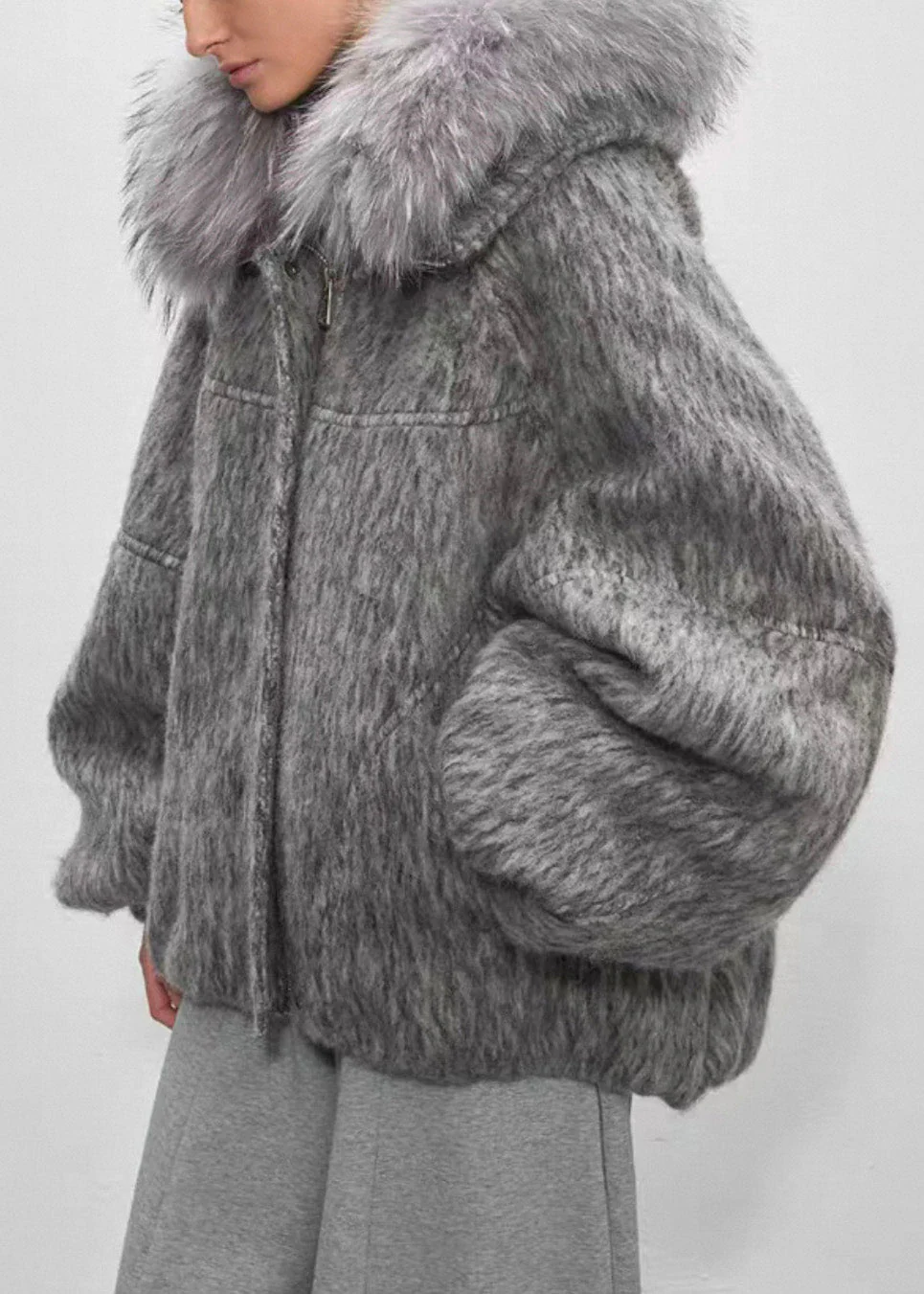 Plus Size Grey Fur Collar Zippered Duck Down Puffer Coat Winter - Image 3
