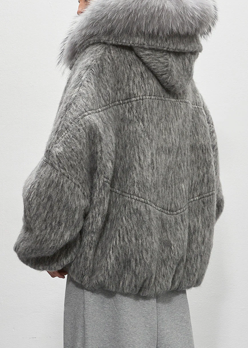 Plus Size Grey Fur Collar Zippered Duck Down Puffer Coat Winter - Image 4