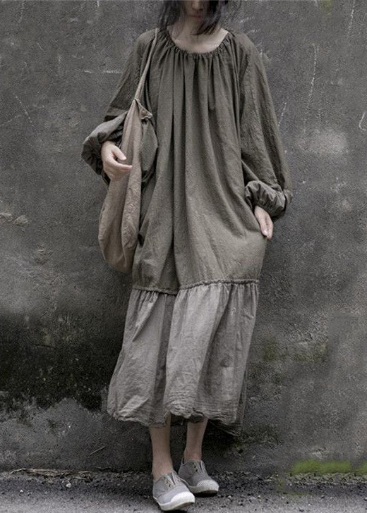 Plus Size Grey Lace Up Wrinkled Patchwork Cotton Long Dresses Spring - Image 2