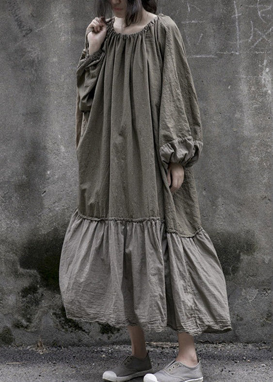 Plus Size Grey Lace Up Wrinkled Patchwork Cotton Long Dresses Spring - Image 3