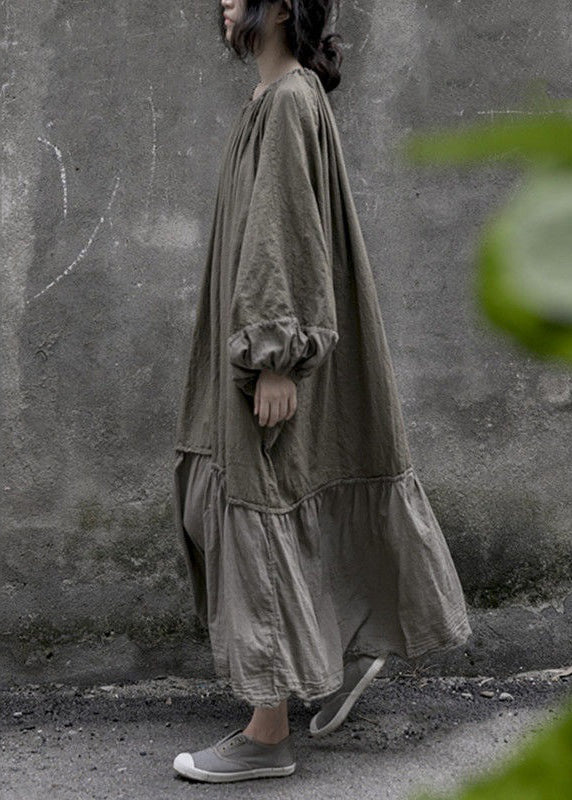 Plus Size Grey Lace Up Wrinkled Patchwork Cotton Long Dresses Spring - Image 5