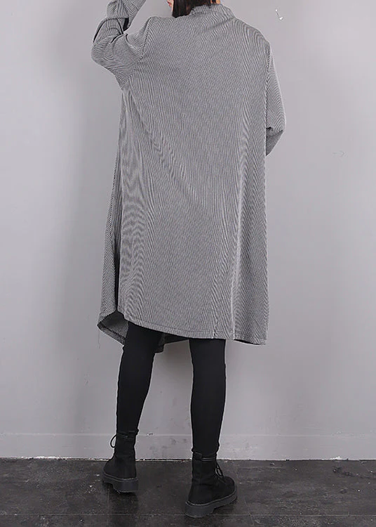 Plus Size Grey O-Neck Asymmetrical Striped Button Maxi Dress Fall - Image 4