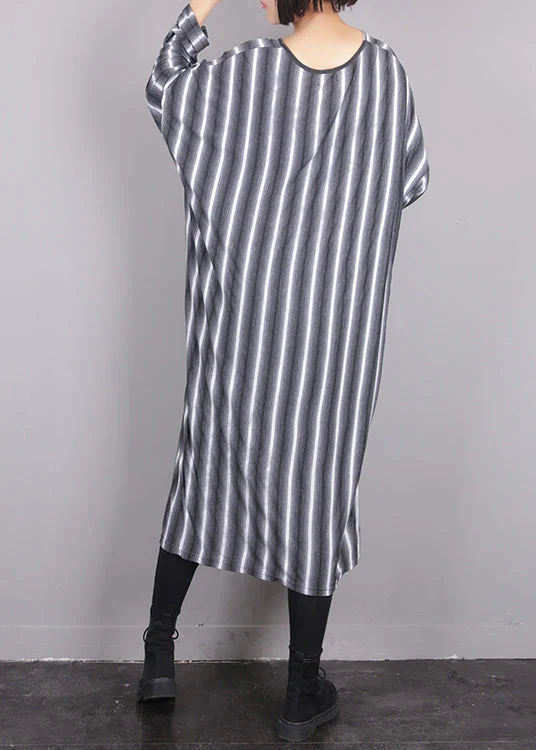 Plus Size Grey O-Neck Asymmetrical Striped Side Open Tie Waist Maxi Dress Fall - Image 3
