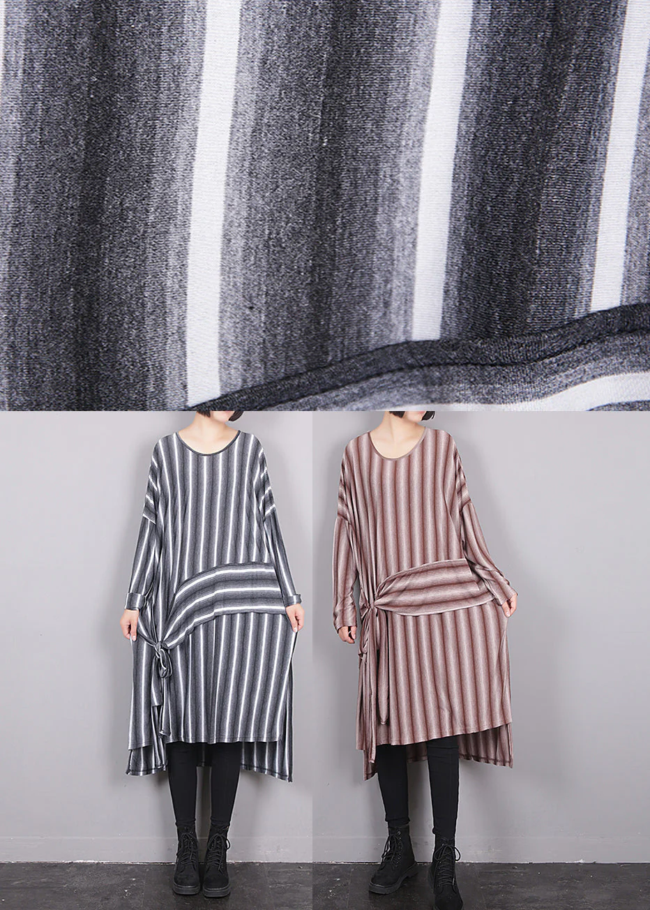 Plus Size Grey O-Neck Asymmetrical Striped Side Open Tie Waist Maxi Dress Fall - Image 5