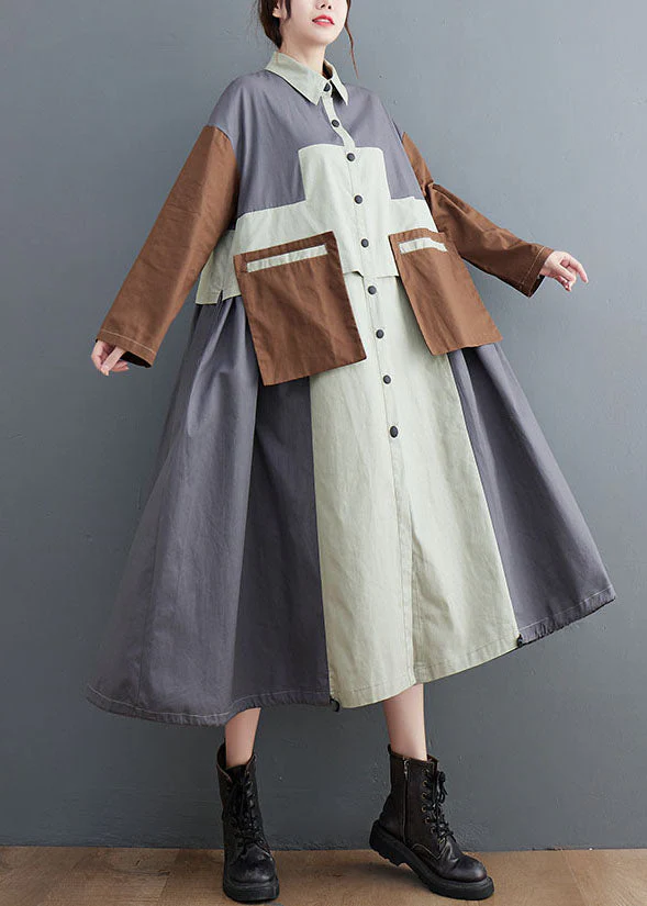 Plus Size Grey Oversized Patchwork Cotton Shirt Dress Spring - Image 2