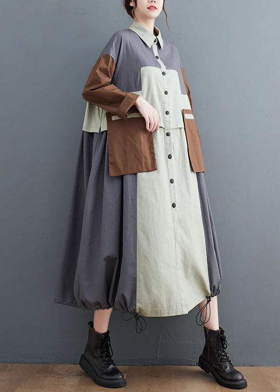 Plus Size Grey Oversized Patchwork Cotton Shirt Dress Spring - Image 3