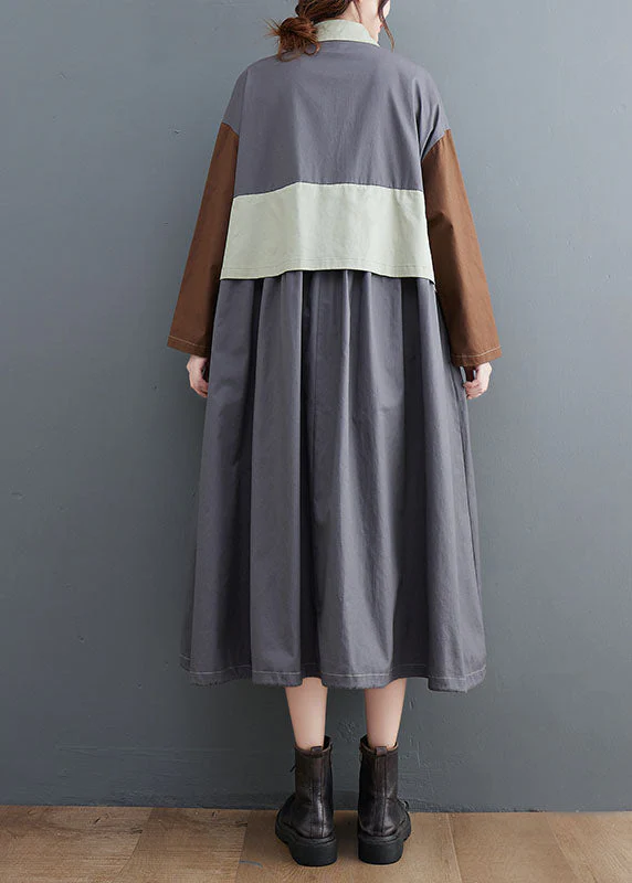 Plus Size Grey Oversized Patchwork Cotton Shirt Dress Spring - Image 4