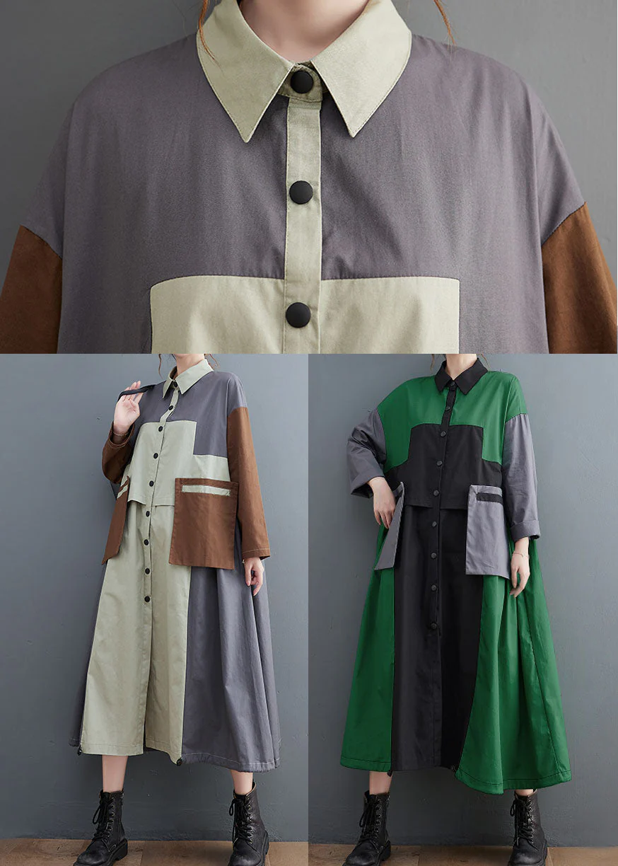 Plus Size Grey Oversized Patchwork Cotton Shirt Dress Spring - Image 5