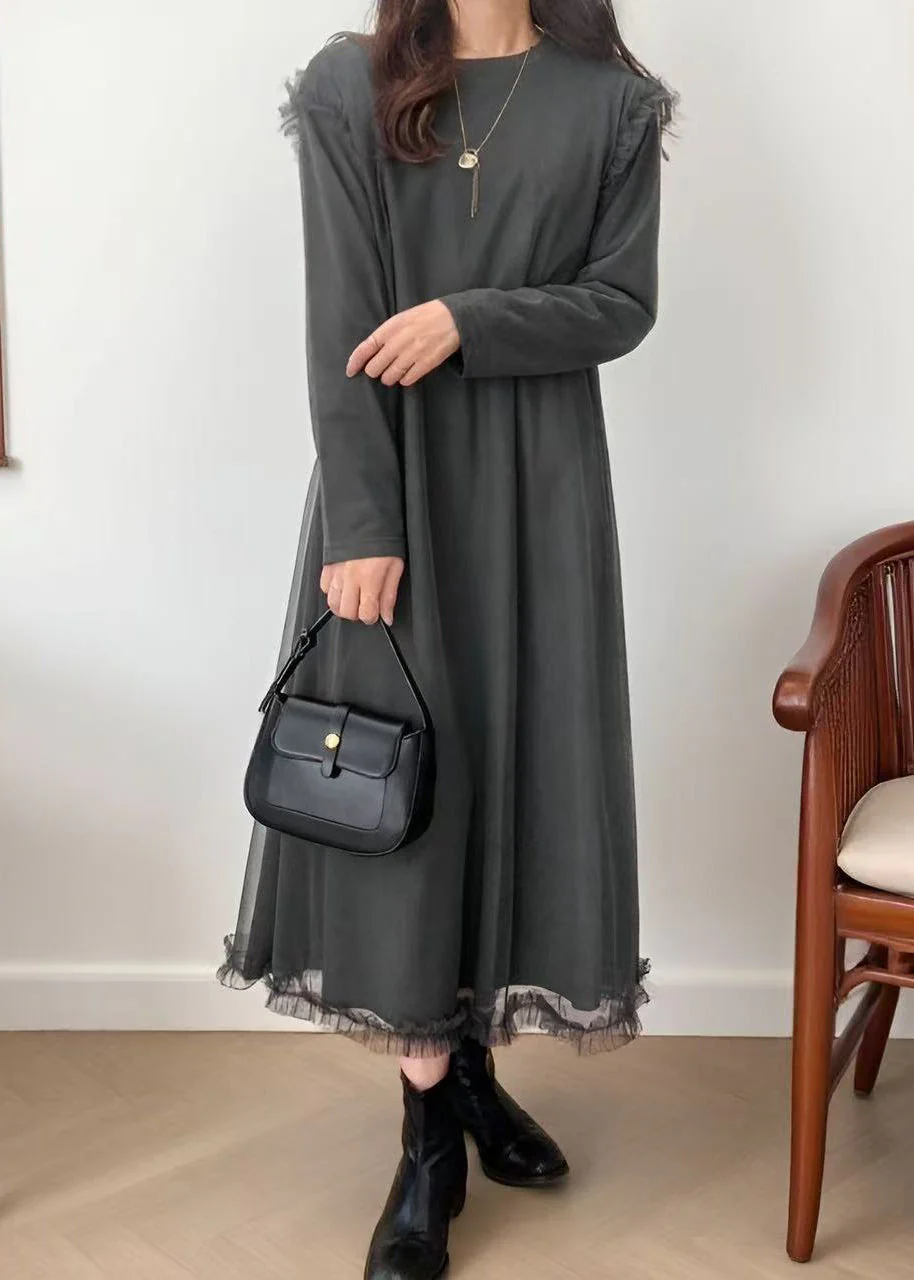 Plus Size Grey Oversized Patchwork Tulle Robe Dresses Spring - Image 2
