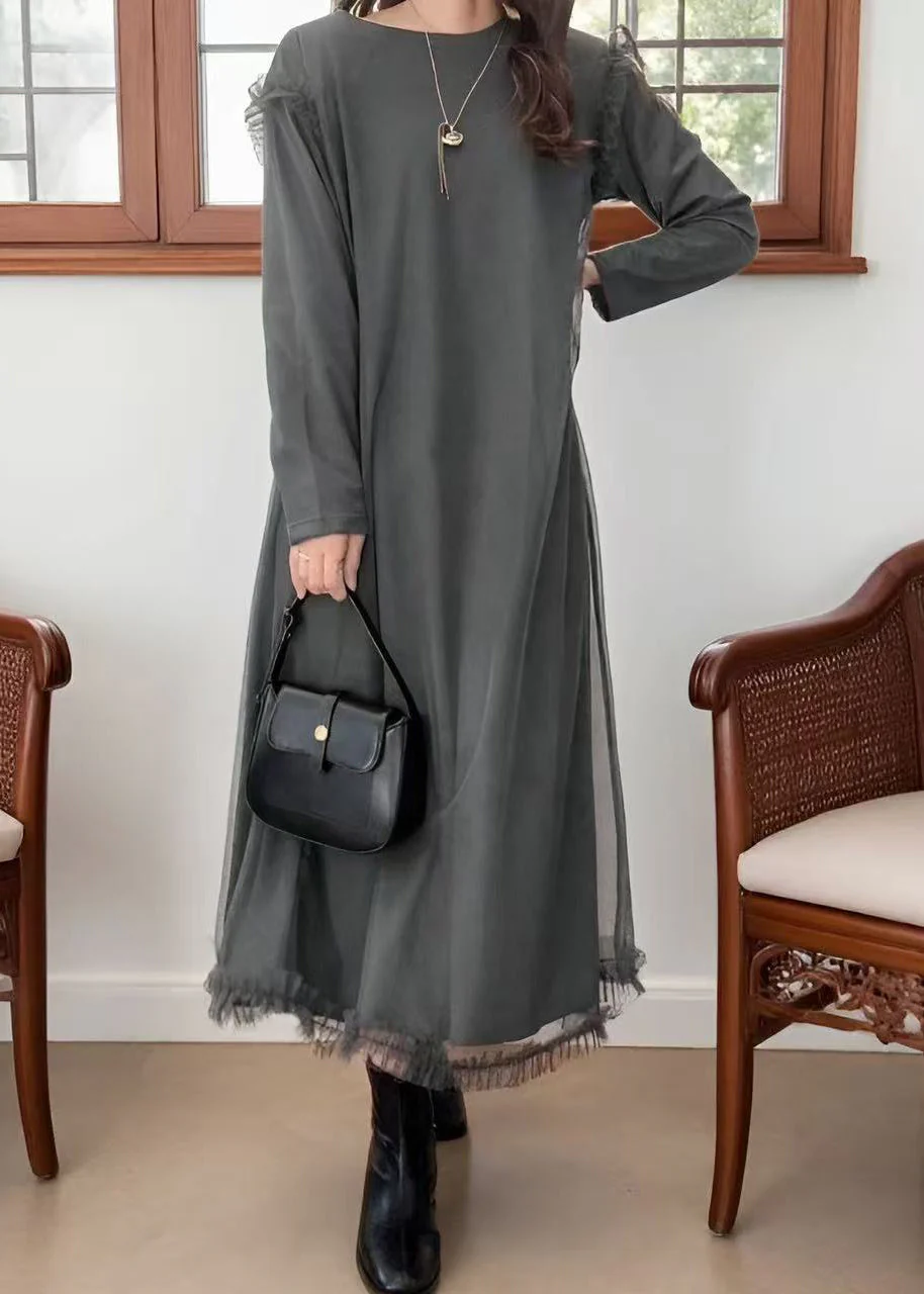 Plus Size Grey Oversized Patchwork Tulle Robe Dresses Spring - Image 3