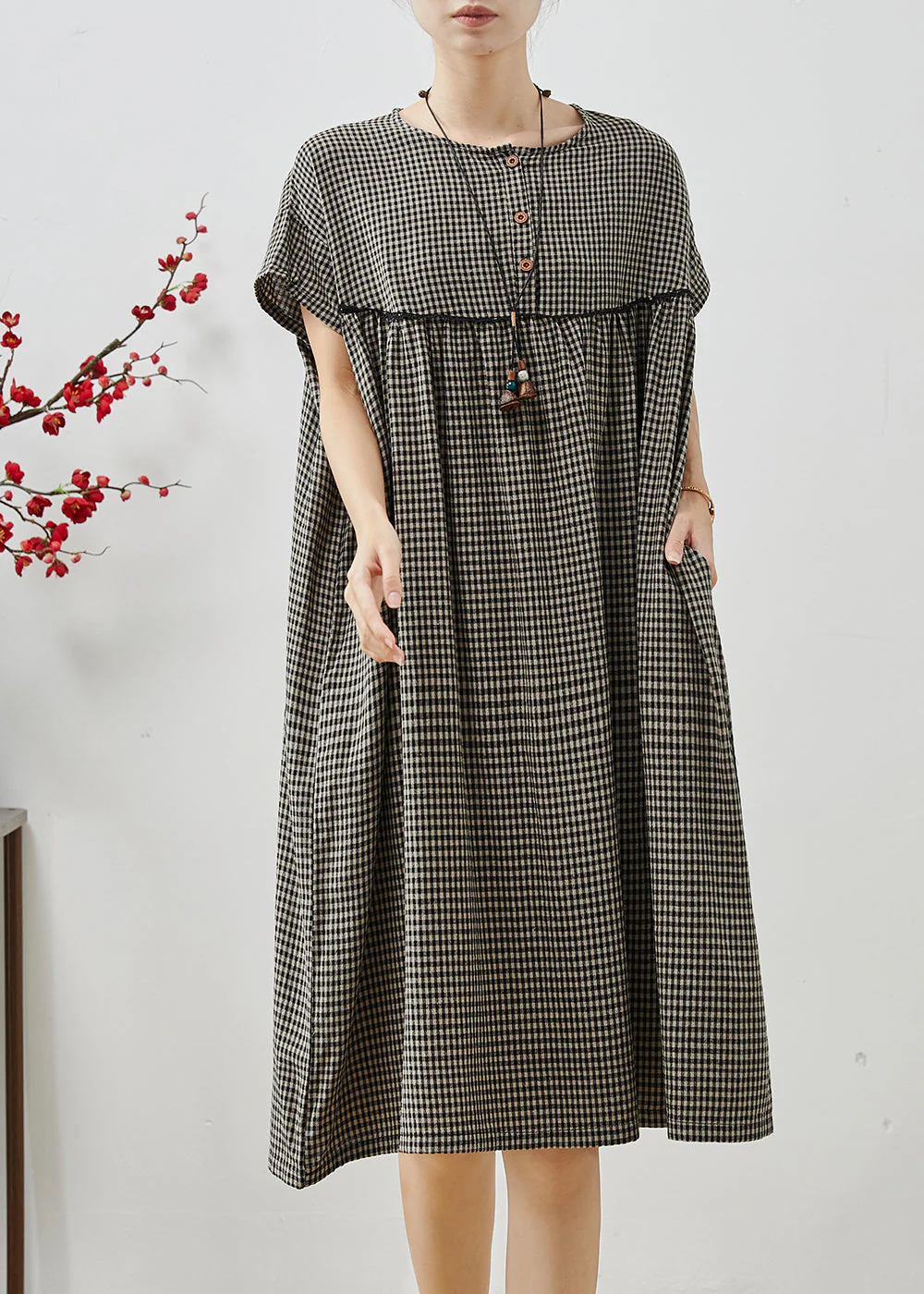 Plus Size Grey Oversized Plaid Cotton Dress Summer - Image 3
