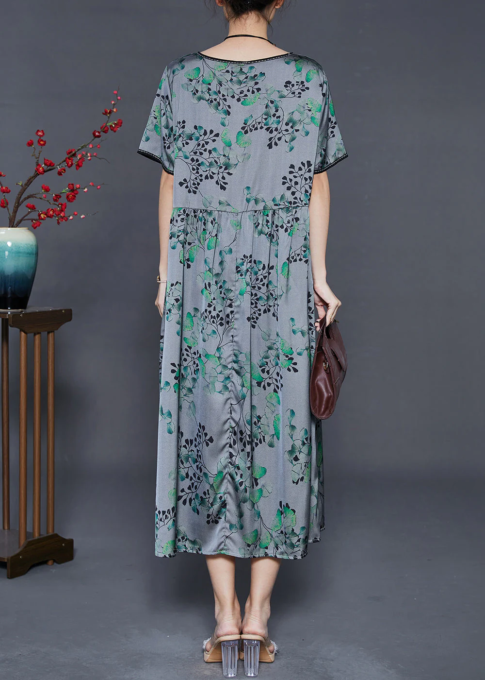 Plus Size Grey Oversized Print Silk Long Dress Summer - Image 4