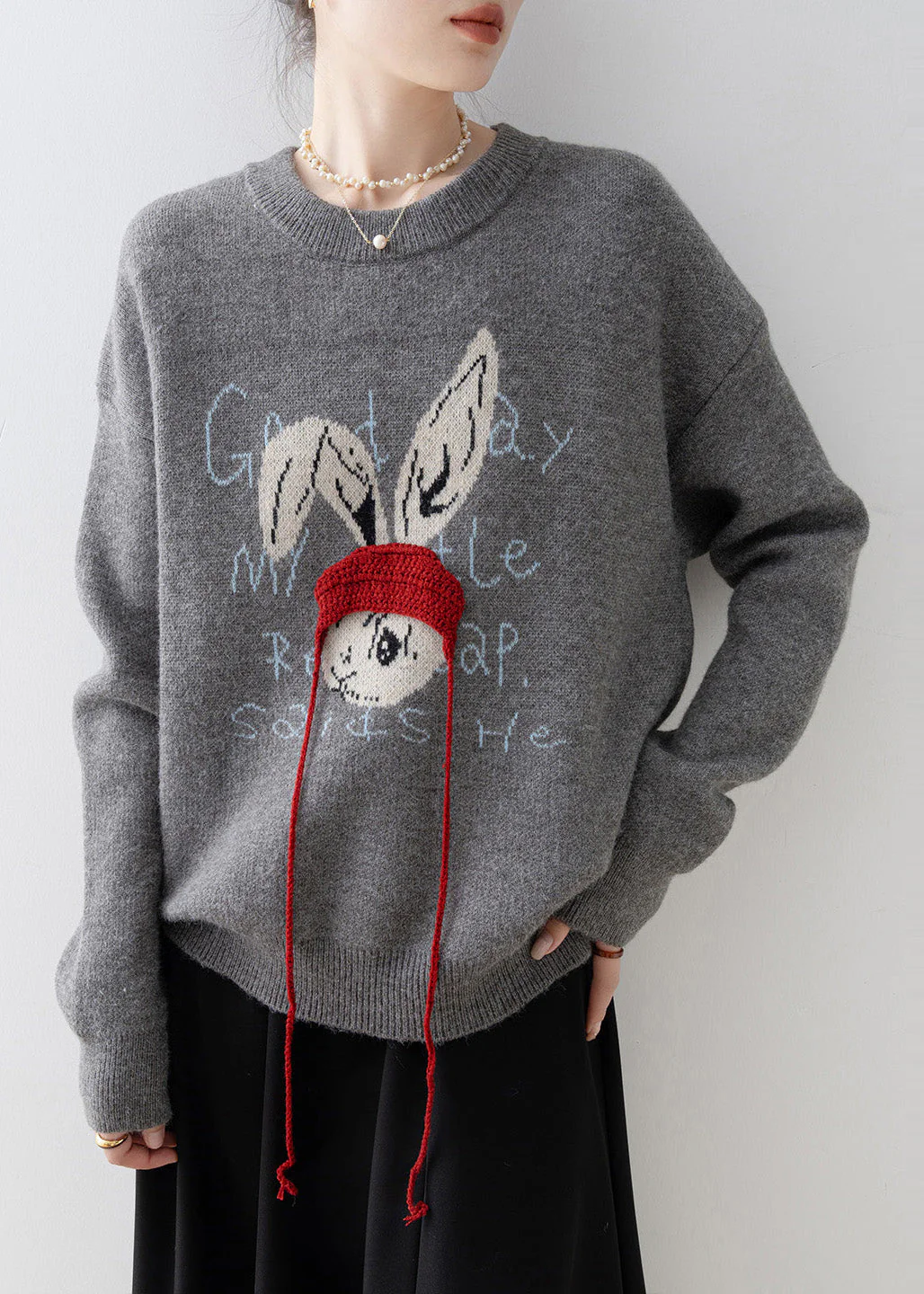 Plus Size Grey Oversized Rabbit Jacquard Knit Pullover Winter